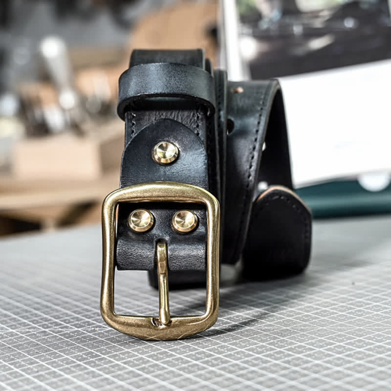 Ceinture en cuir cousue à la main avec boucle en laiton vieilli rétro - Noir - 42 - image 3