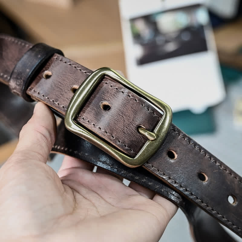 Ceinture en cuir avec boucle en laiton vieilli rétro et coutures faites à la main - image 9