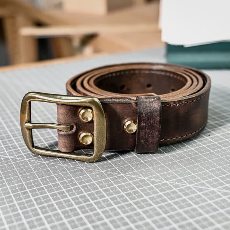 Ceinture en cuir avec boucle en laiton vieilli rétro et coutures faites à la main - image 8