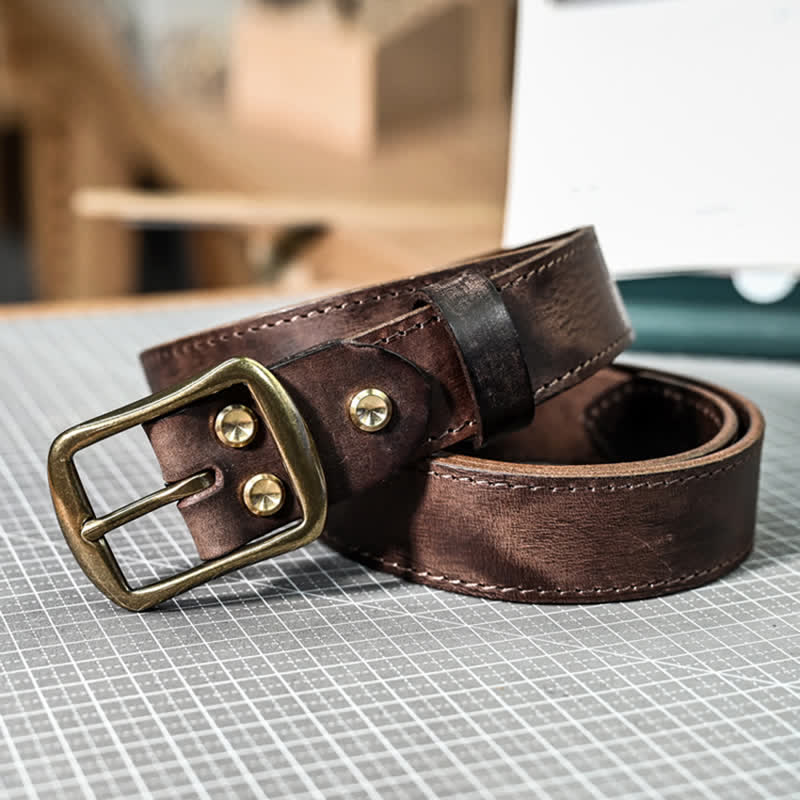 Ceinture en cuir avec boucle en laiton vieilli rétro et coutures faites à la main - image 5
