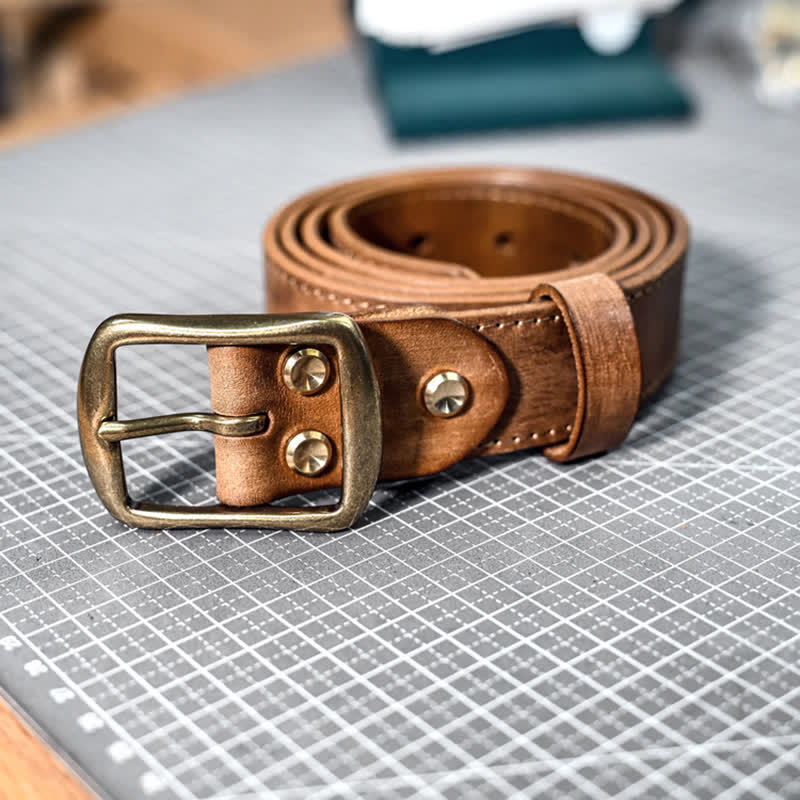 Ceinture en cuir avec boucle en laiton vieilli rétro et coutures faites à la main - image 2