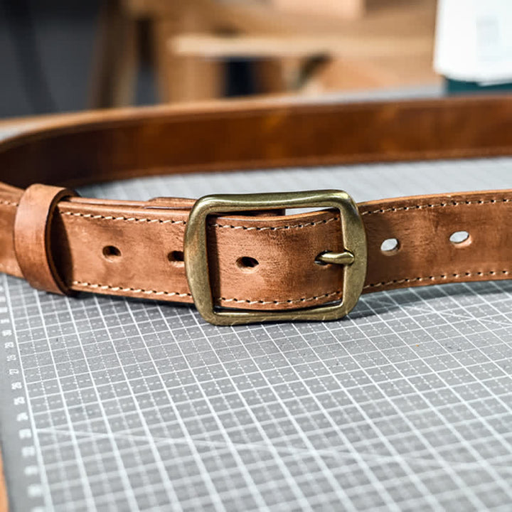 Ceinture en cuir cousue à la main avec boucle en laiton vieilli rétro - image 2