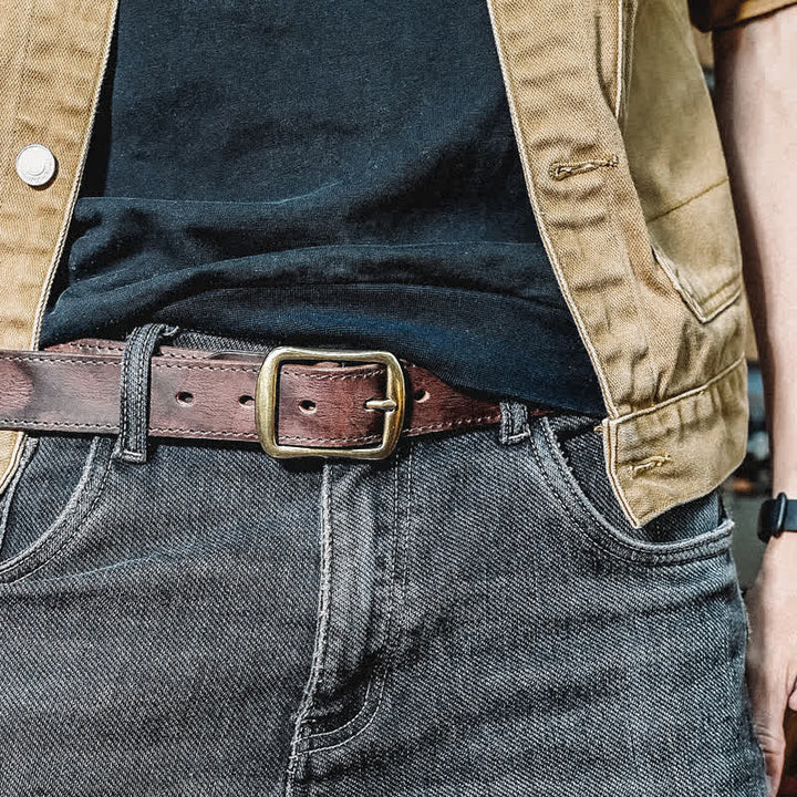 Ceinture en cuir avec boucle en laiton vieilli rétro et coutures faites à la main - Brun foncé - 42 - image 4