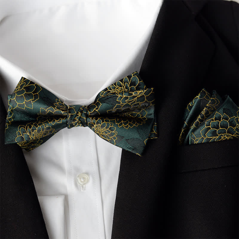 Lot de 2 mouchoirs à fleurs élégants pour hommes avec nœud papillon double épaisseur