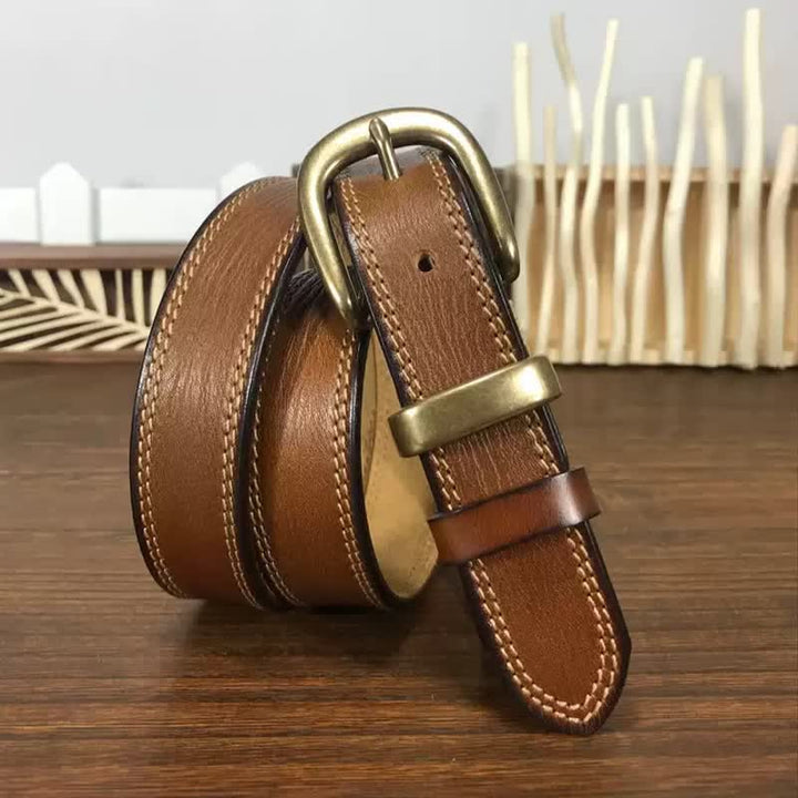 Ceinture étroite en cuir à double couture et boucle en laiton pour femme