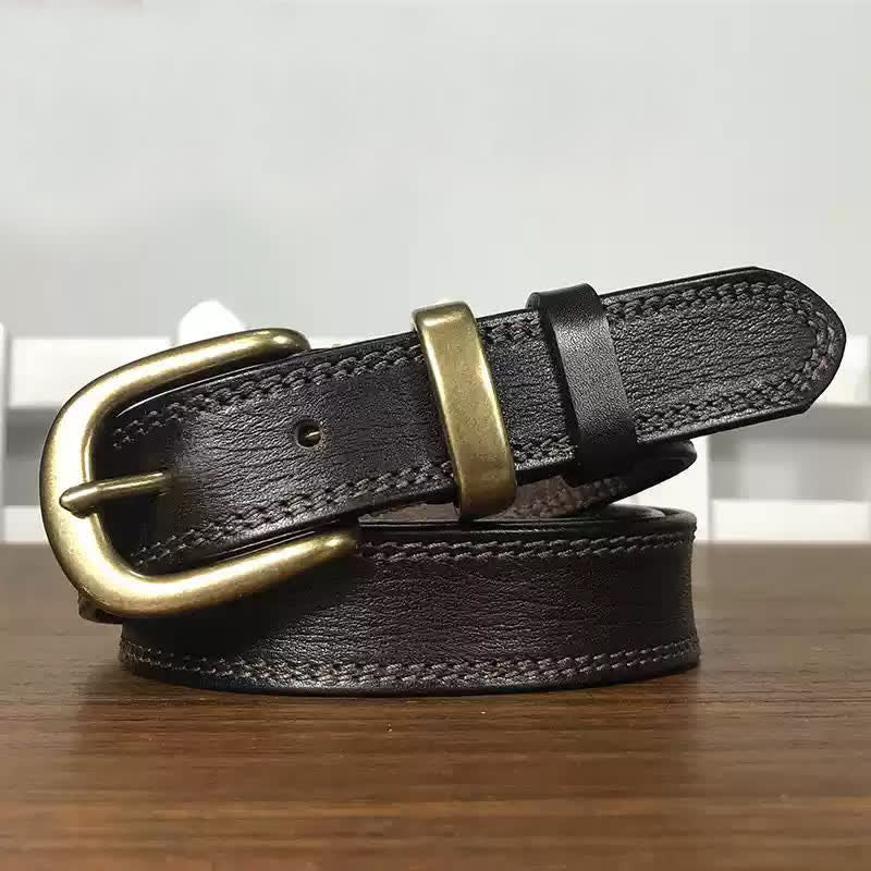 Ceinture étroite en cuir à double couture et boucle en laiton pour femme