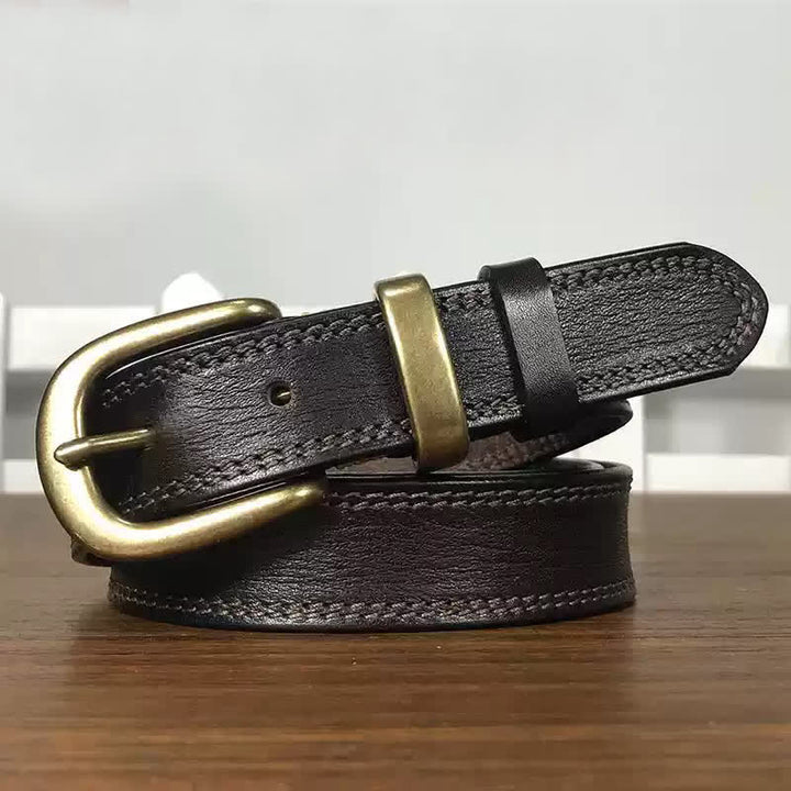Ceinture étroite en cuir à double couture et boucle en laiton pour femme