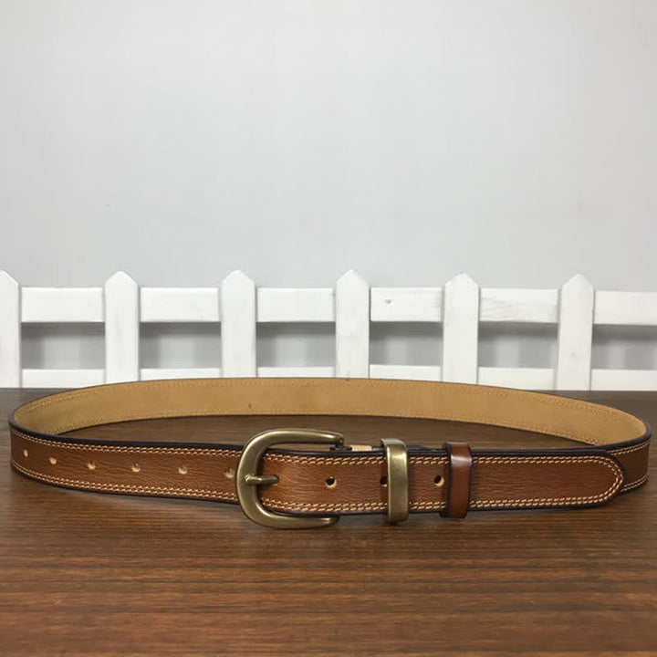 Ceinture étroite en cuir à double couture et boucle en laiton pour femme