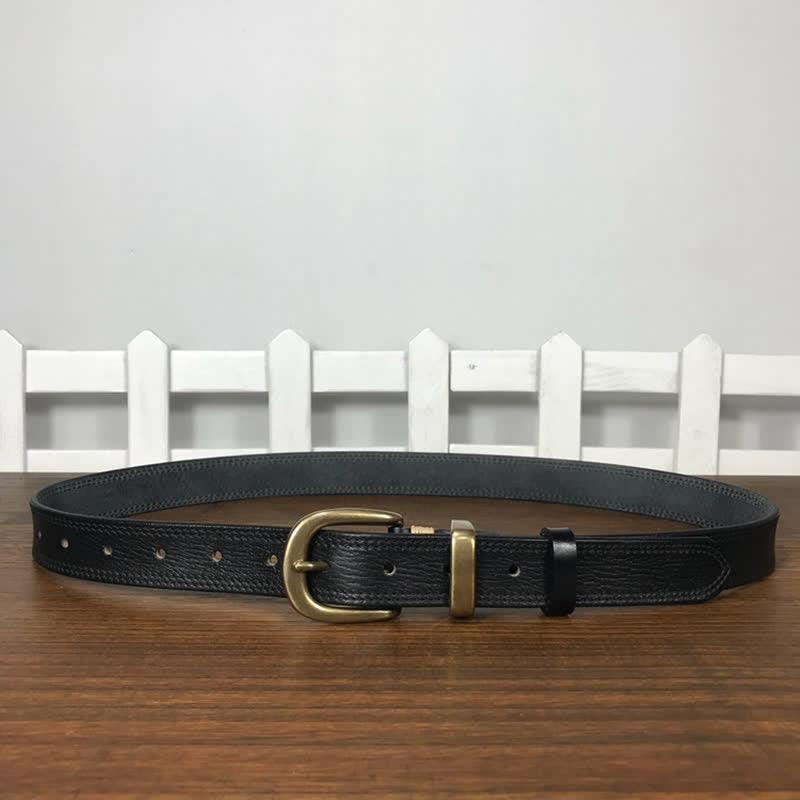 Ceinture étroite en cuir à double couture et boucle en laiton pour femme