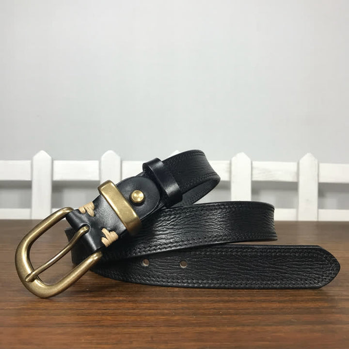 Ceinture étroite en cuir à double couture et boucle en laiton pour femme