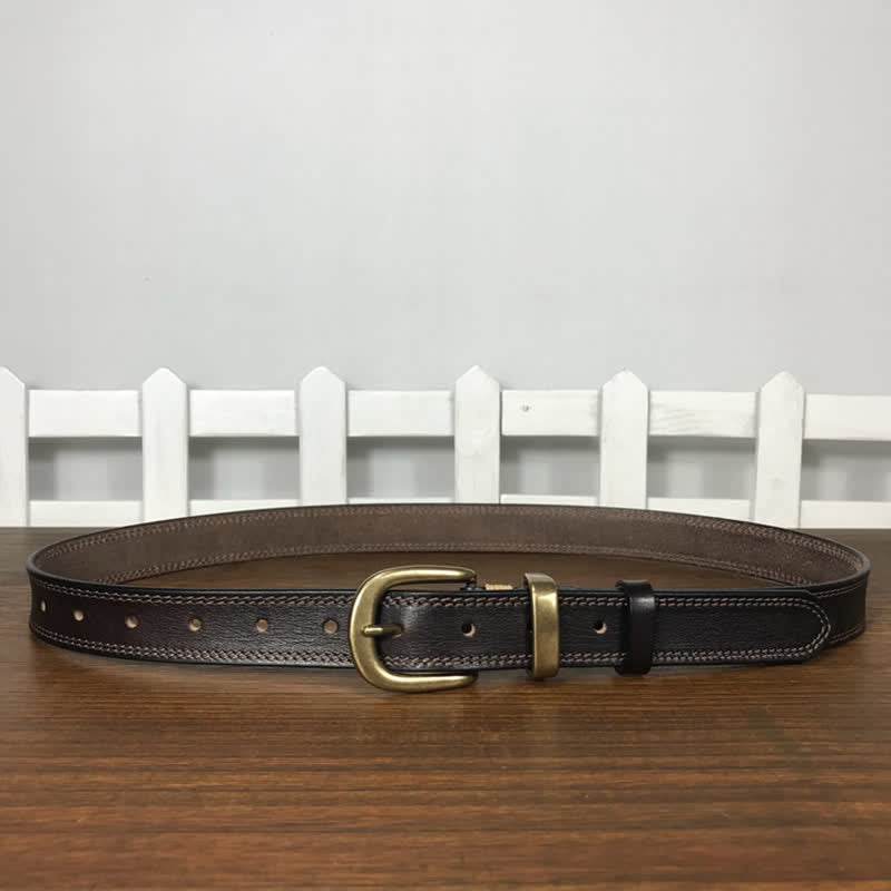Ceinture étroite en cuir à double couture et boucle en laiton pour femme
