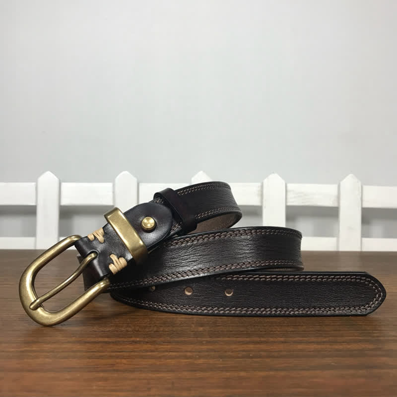 Ceinture étroite en cuir à double couture et boucle en laiton pour femme