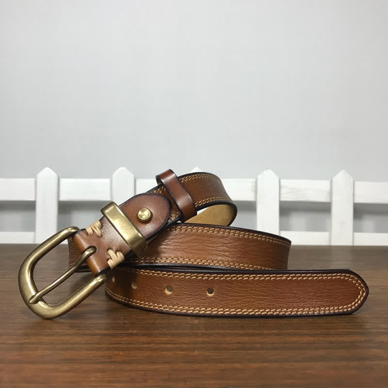 Ceinture étroite en cuir à double couture et boucle en laiton pour femme