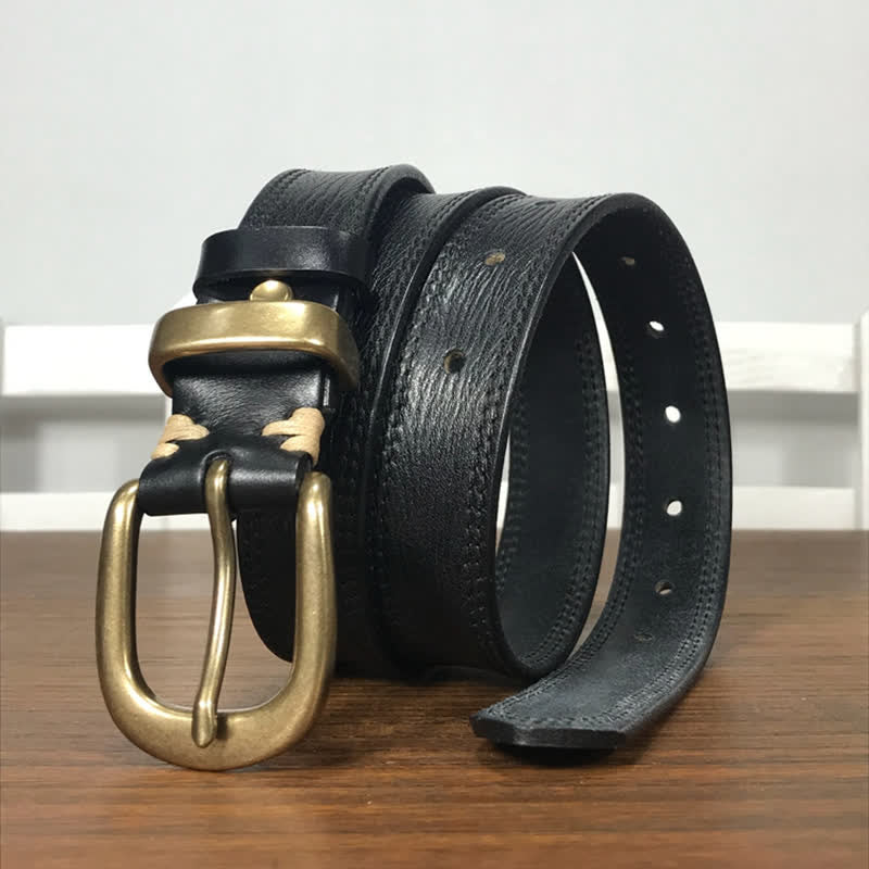 Ceinture étroite en cuir à double couture et boucle en laiton pour femme