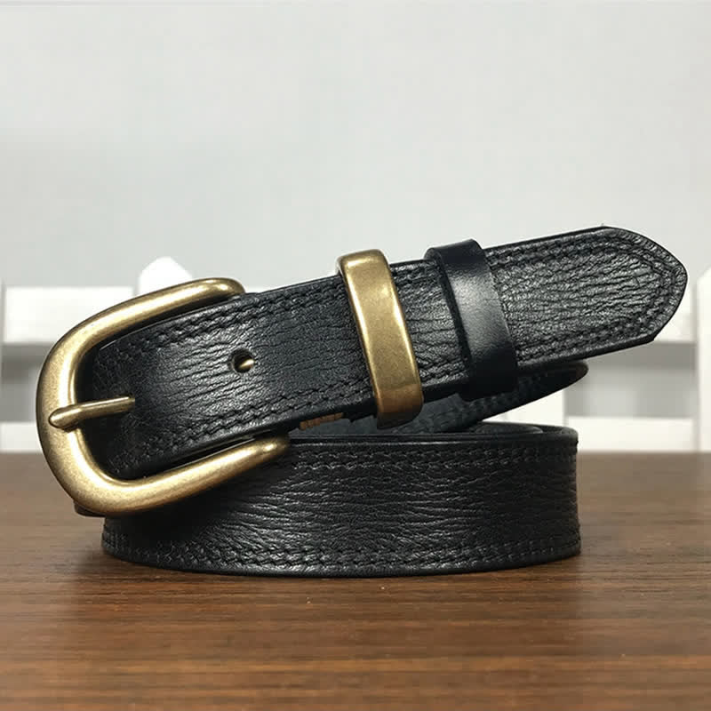 Ceinture étroite en cuir à double couture et boucle en laiton pour femme