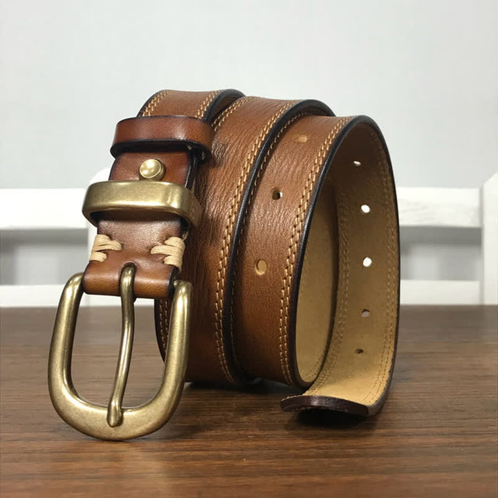Ceinture étroite en cuir à double couture et boucle en laiton pour femme