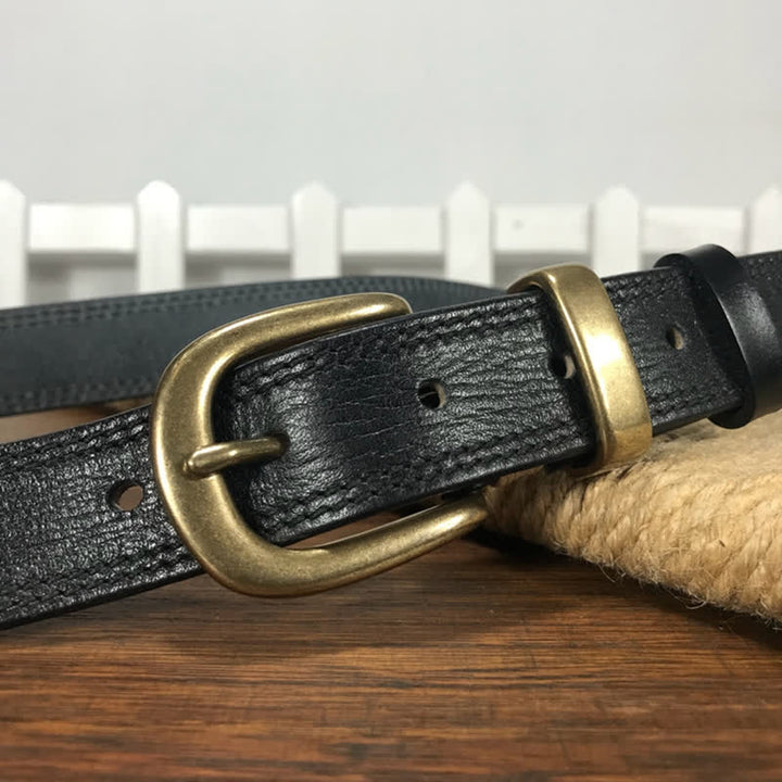 Ceinture étroite en cuir à double couture et boucle en laiton pour femme