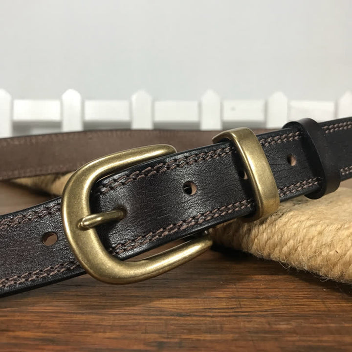 Ceinture étroite en cuir à double couture et boucle en laiton pour femme
