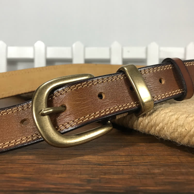 Ceinture étroite en cuir à double couture et boucle en laiton pour femme