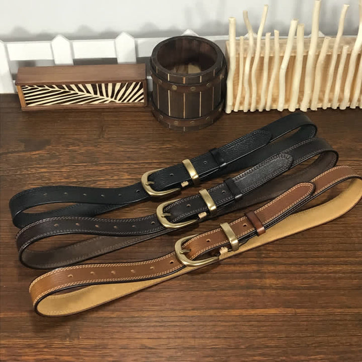 Ceinture étroite en cuir à double couture et boucle en laiton pour femme