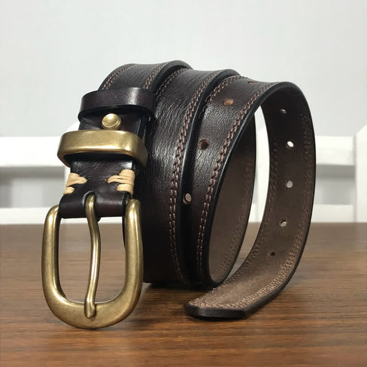 Ceinture étroite en cuir à double couture et boucle en laiton pour femme