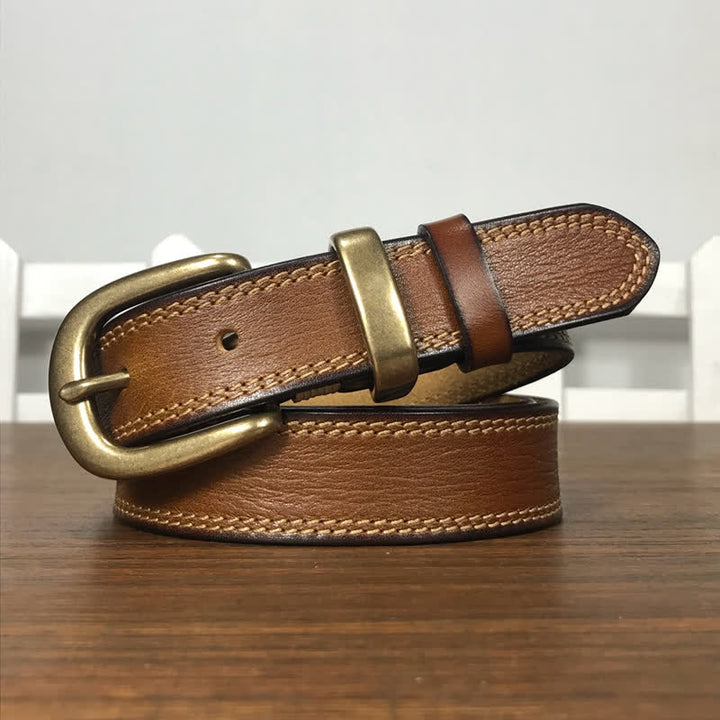 Ceinture étroite en cuir à double couture et boucle en laiton pour femme