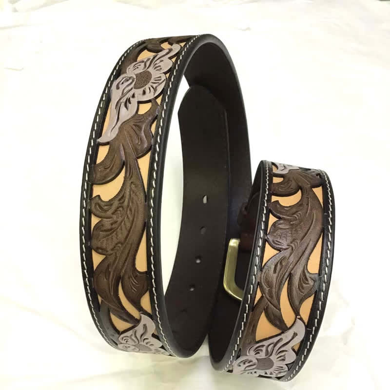 Ceinture en cuir sculpté style occidental, motif café et fleurs blanches
