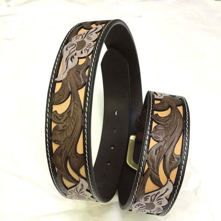 Ceinture en cuir sculpté style occidental, motif café et fleurs blanches