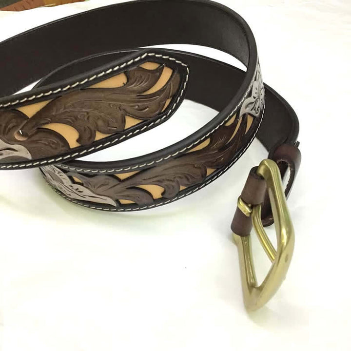 Ceinture en cuir sculpté style occidental, motif café et fleurs blanches
