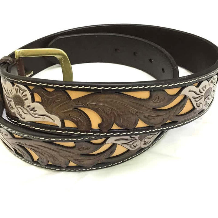 Ceinture en cuir sculpté style occidental, motif café et fleurs blanches