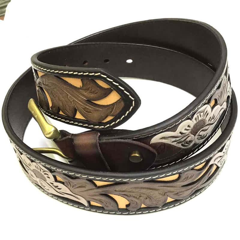 Ceinture en cuir sculpté style occidental, motif café et fleurs blanches