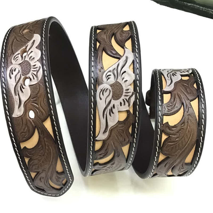 Ceinture en cuir sculpté style occidental, motif café et fleurs blanches