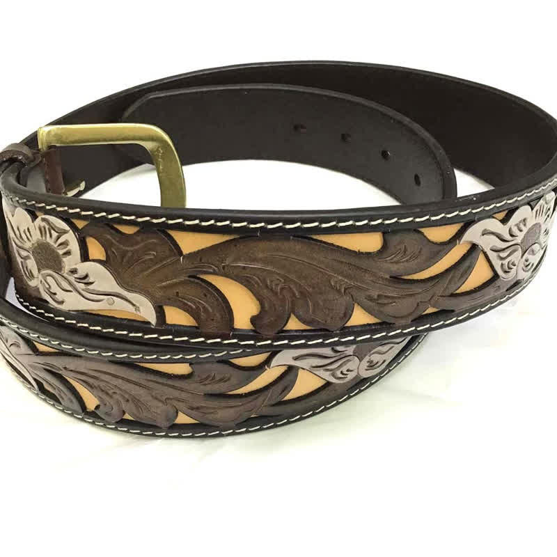 Ceinture en cuir sculpté style occidental, motif café et fleurs blanches