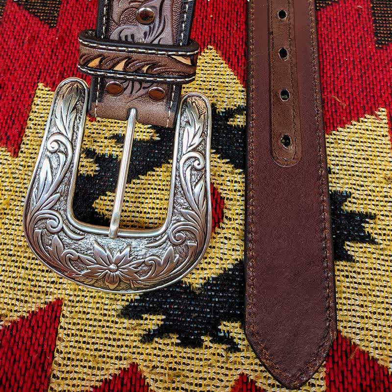 Ceinture en cuir marron et jaune avec boucle à fleur sculptée