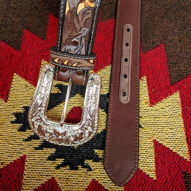 Ceinture en cuir marron et jaune avec boucle à fleur sculptée