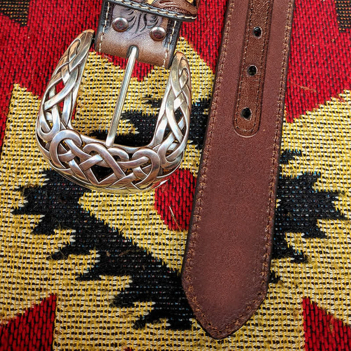 Ceinture en cuir marron et jaune avec boucle à fleur sculptée