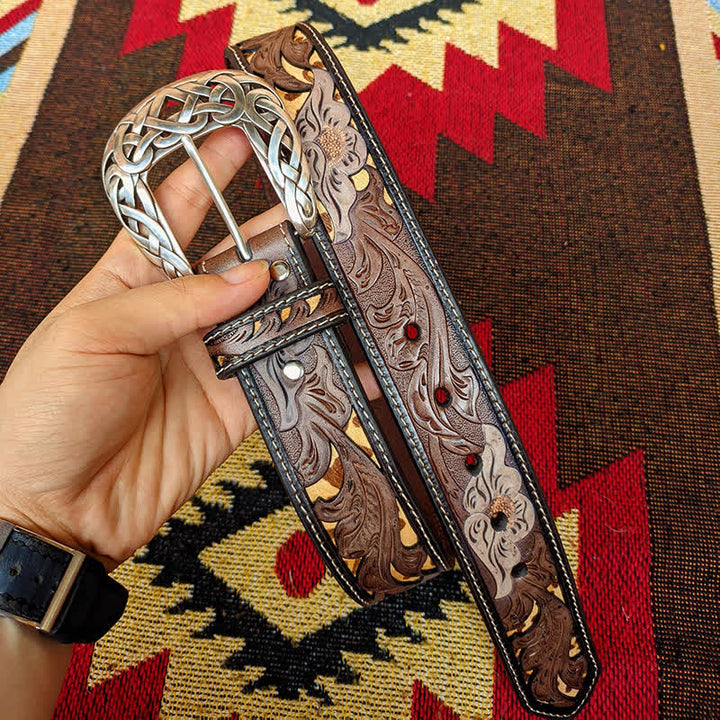 Ceinture en cuir marron et jaune avec boucle à fleur sculptée