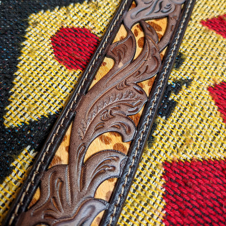 Ceinture en cuir marron et jaune avec boucle à fleur sculptée