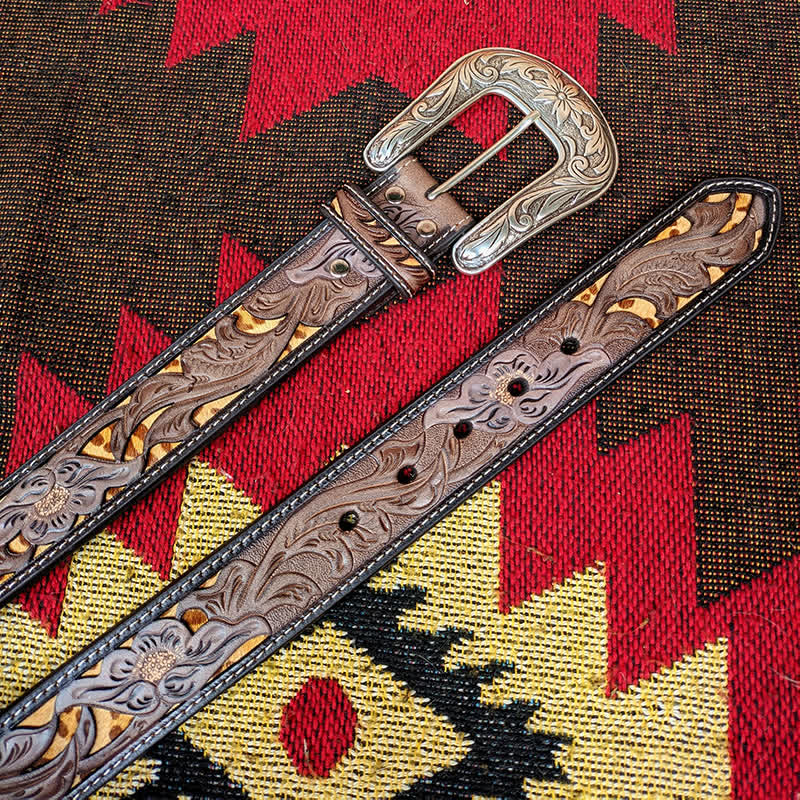 Ceinture en cuir marron et jaune avec boucle à fleur sculptée