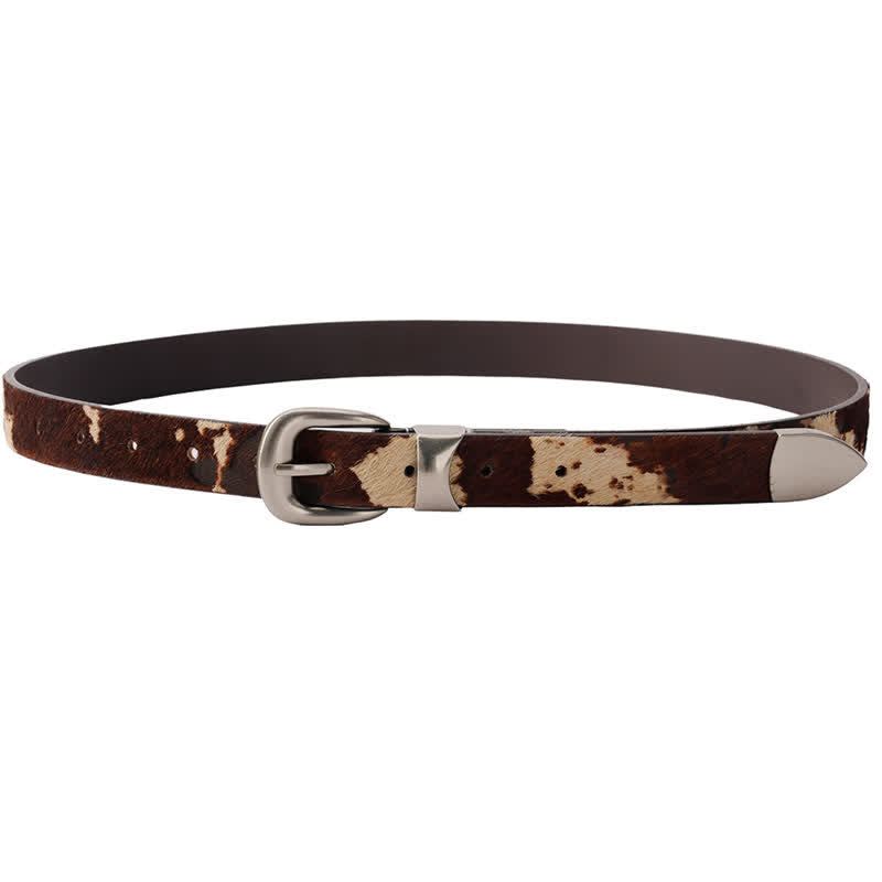 Ceinture en cuir à boucle argentée classique avec imprimé de vache en fausse fourrure