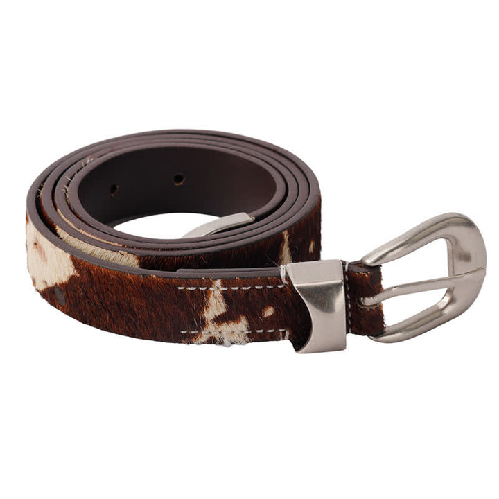 Ceinture en cuir à boucle argentée classique avec imprimé de vache en fausse fourrure