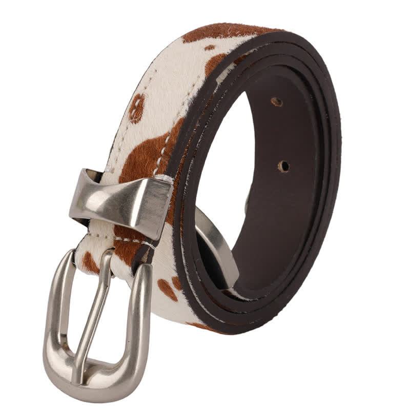 Ceinture en cuir à boucle argentée classique avec imprimé de vache en fausse fourrure
