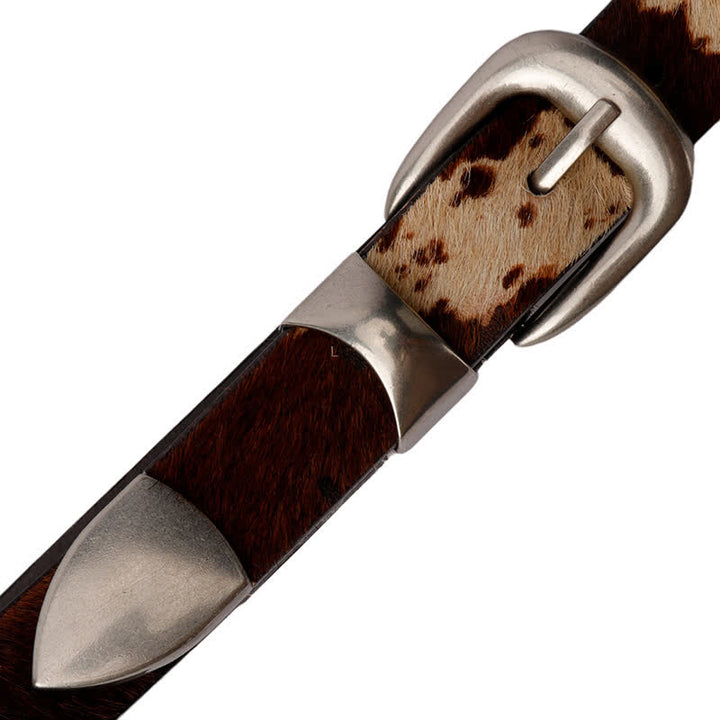 Ceinture en cuir à boucle argentée classique avec imprimé de vache en fausse fourrure