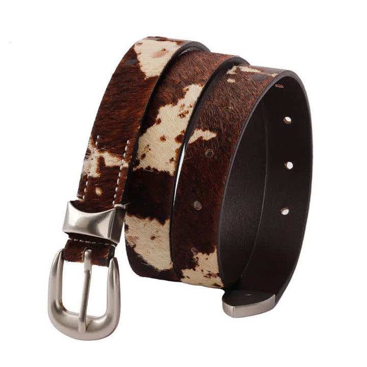 Ceinture en cuir à boucle argentée classique avec imprimé de vache en fausse fourrure