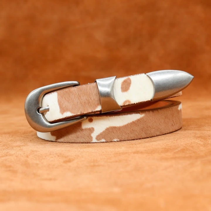 Ceinture en cuir à boucle argentée classique avec imprimé de vache en fausse fourrure