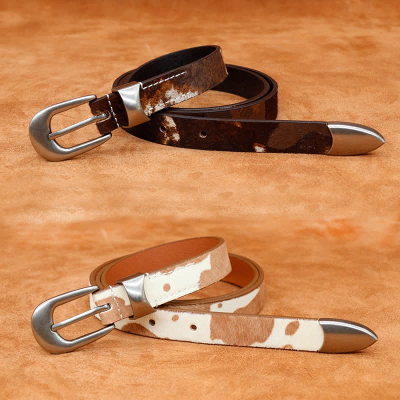 Ceinture en cuir à boucle argentée classique avec imprimé de vache en fausse fourrure