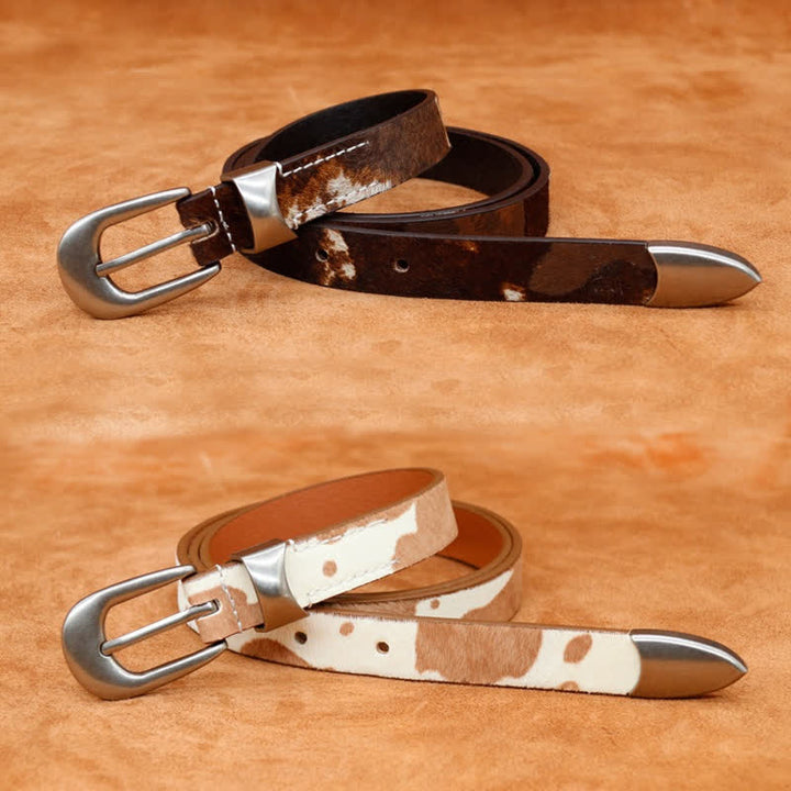 Ceinture en cuir à boucle argentée classique avec imprimé de vache en fausse fourrure
