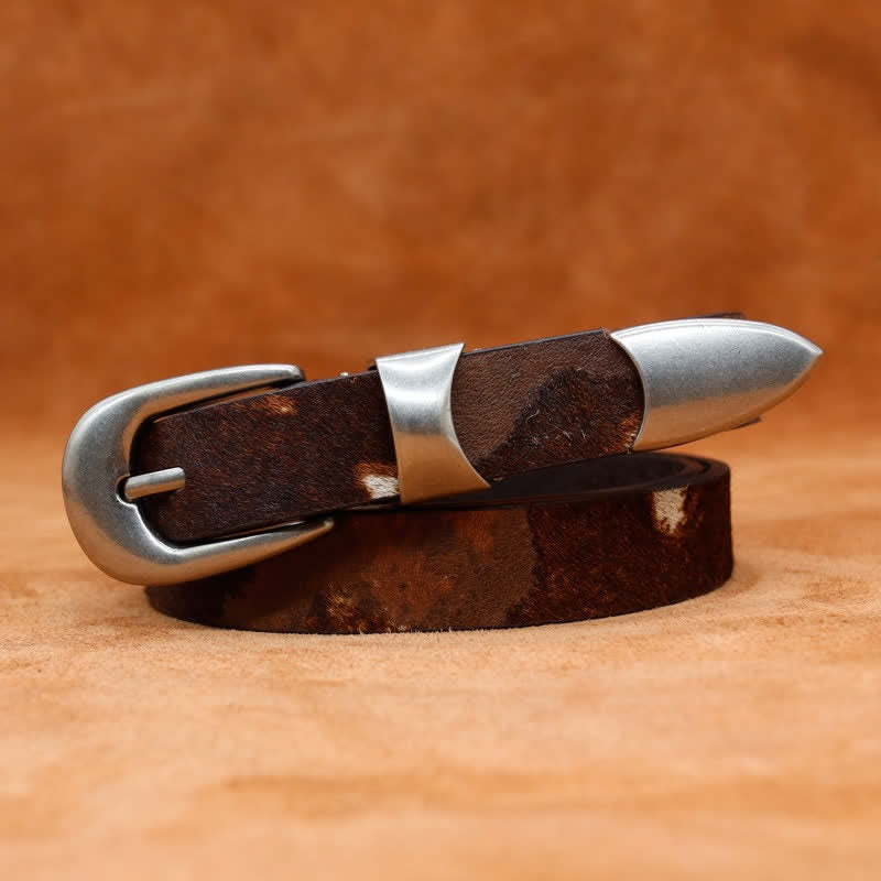 Ceinture en cuir à boucle argentée classique avec imprimé de vache en fausse fourrure