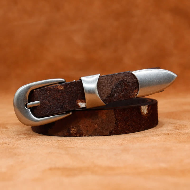 Ceinture en cuir à boucle argentée classique avec imprimé de vache en fausse fourrure
