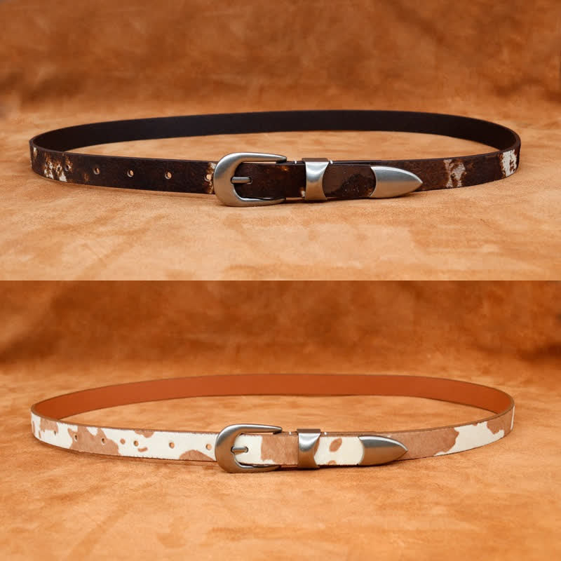 Ceinture en cuir à boucle argentée classique avec imprimé de vache en fausse fourrure